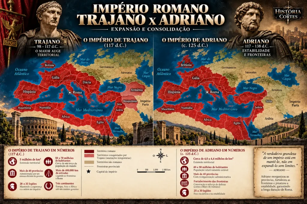 Mapa comparativo do Império Romano sob Trajano em 117 d.C. e Adriano por volta de 125 d.C.