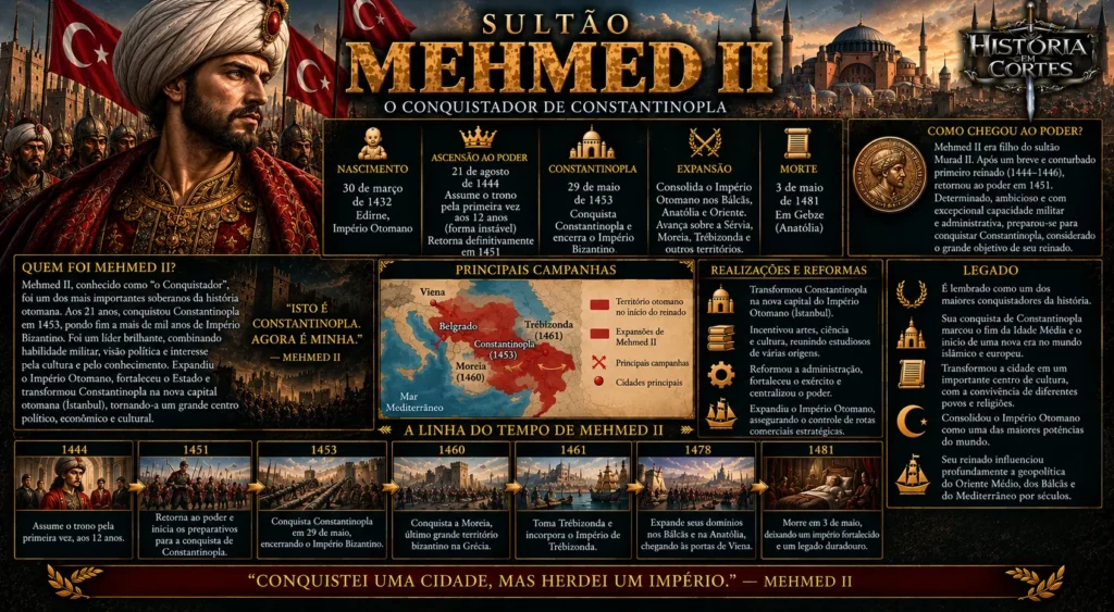 Infográfico sobre Mehmed II, sultão otomano que conquistou Constantinopla em 1453 e expandiu o Império Otomano.
