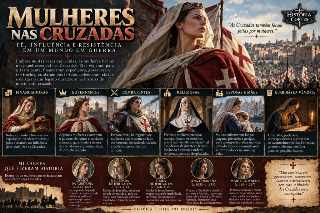 Infográfico sobre o papel das mulheres nas Cruzadas como financiadoras, governantes, combatentes, religiosas, esposas, mães e cronistas
