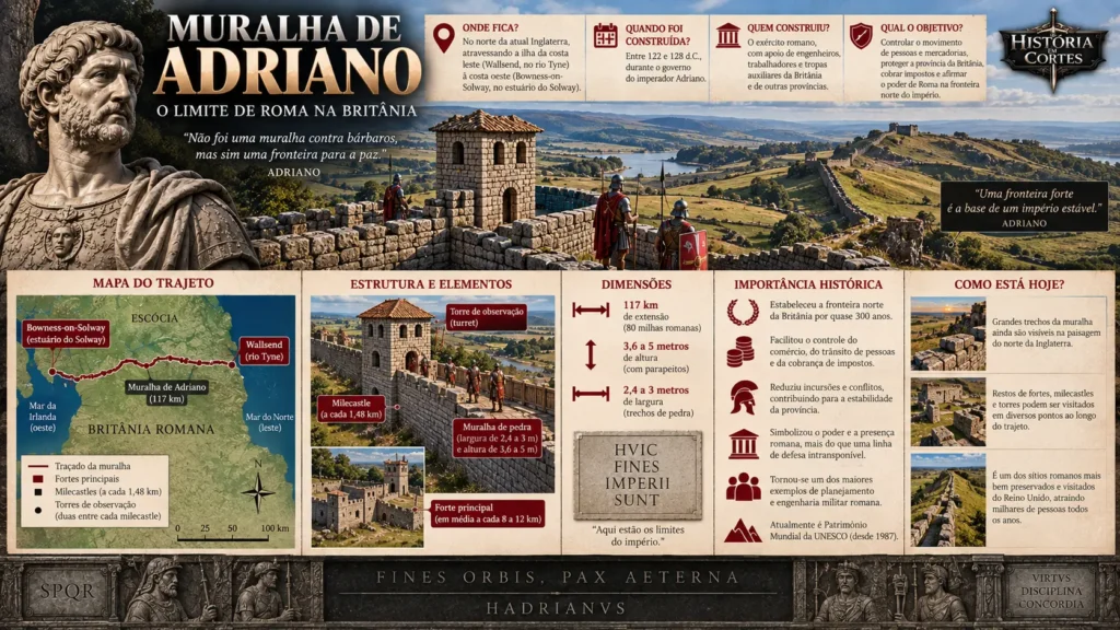 Infográfico da Muralha de Adriano mostrando seu trajeto de Wallsend a Bowness-on-Solway, estrutura, milecastles, torres e principais características.