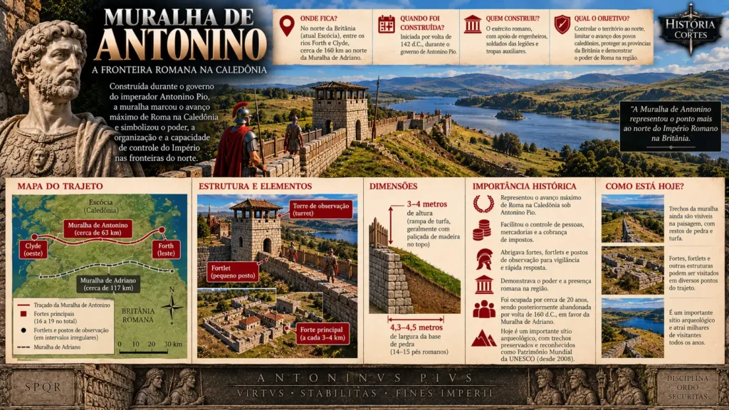 Infográfico da Muralha de Antonino na Escócia, mostrando seu trajeto entre os rios Forth e Clyde, estrutura de turfa, fortes e fortlets romanos.