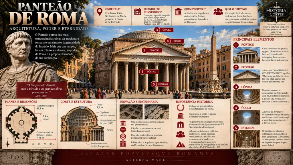 Infográfico do Panteão de Roma mostrando o pórtico, frontão, cúpula, óculo, planta, dimensões e estrutura do monumento romano.