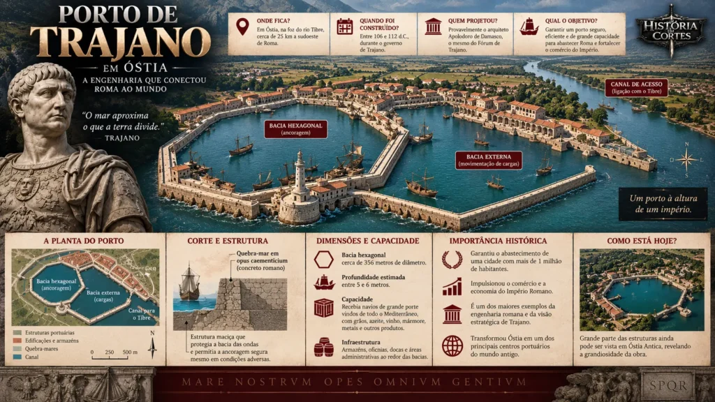 Infográfico do Porto de Trajano em Óstia, mostrando sua característica bacia hexagonal, estruturas portuárias e ligação com o rio Tibre.