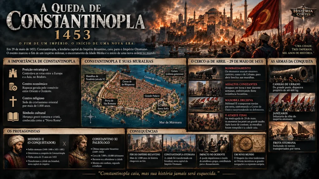 Infográfico sobre a Queda de Constantinopla em 1453, mostrando o cerco otomano, as muralhas da cidade, Mehmed II, Constantino XI e as consequências da conquista.