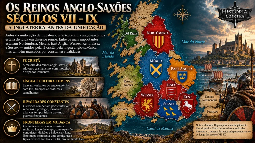 Mapa dos principais reinos anglo-saxões entre os séculos VII e IX, incluindo Nortúmbria, Mércia, East Anglia, Wessex, Essex, Sussex e Kent.