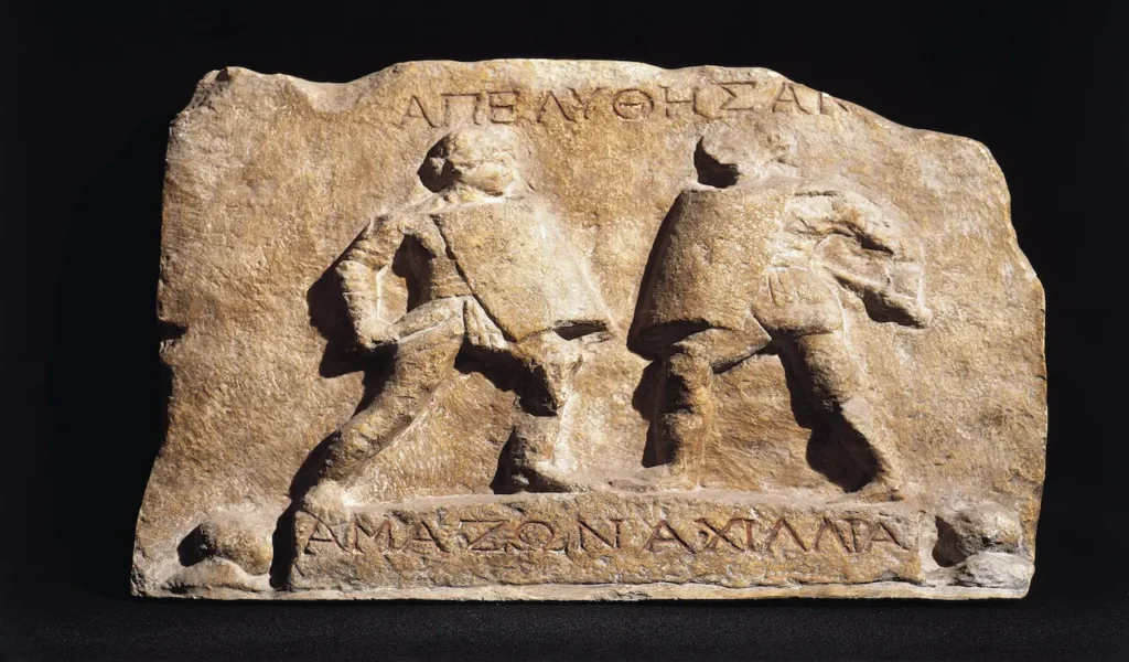Relevo romano de Amazona e Achillia, duas gladiadoras de Halicarnasso