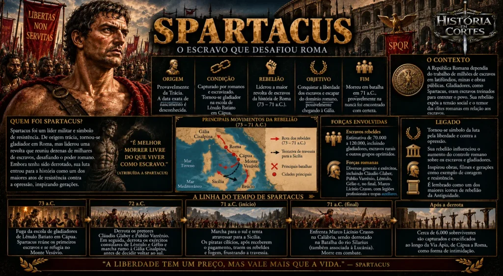 Infográfico sobre Spartacus e a Terceira Guerra Servil, grande revolta de escravos contra a República Romana entre 73 e 71 a.C.