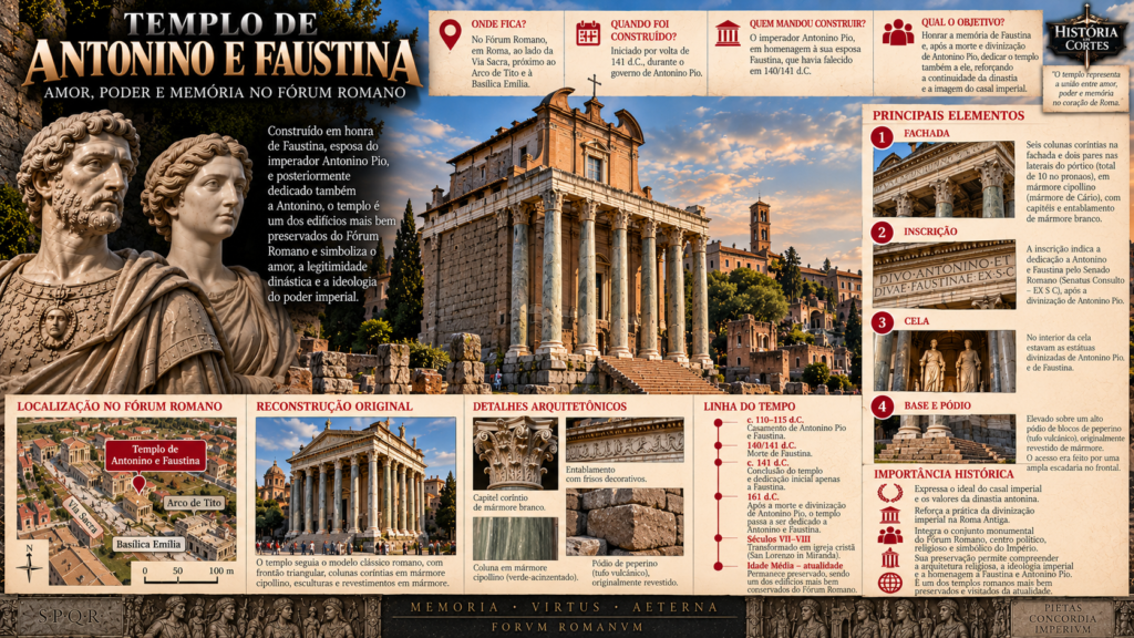 Infográfico do Templo de Antonino e Faustina no Fórum Romano, mostrando suas colunas de mármore cipollino, inscrição, pódio, localização e transformação em igreja.
