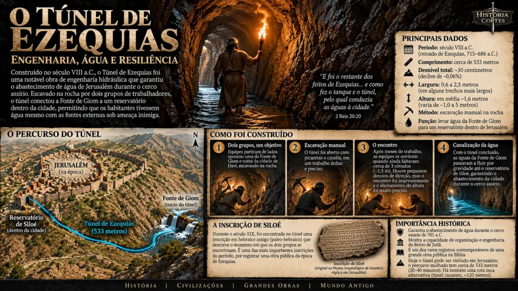Infográfico sobre o Túnel de Ezequias em Jerusalém, construído no século VIII a.C. para conduzir água da Fonte de Giom até Siloé.