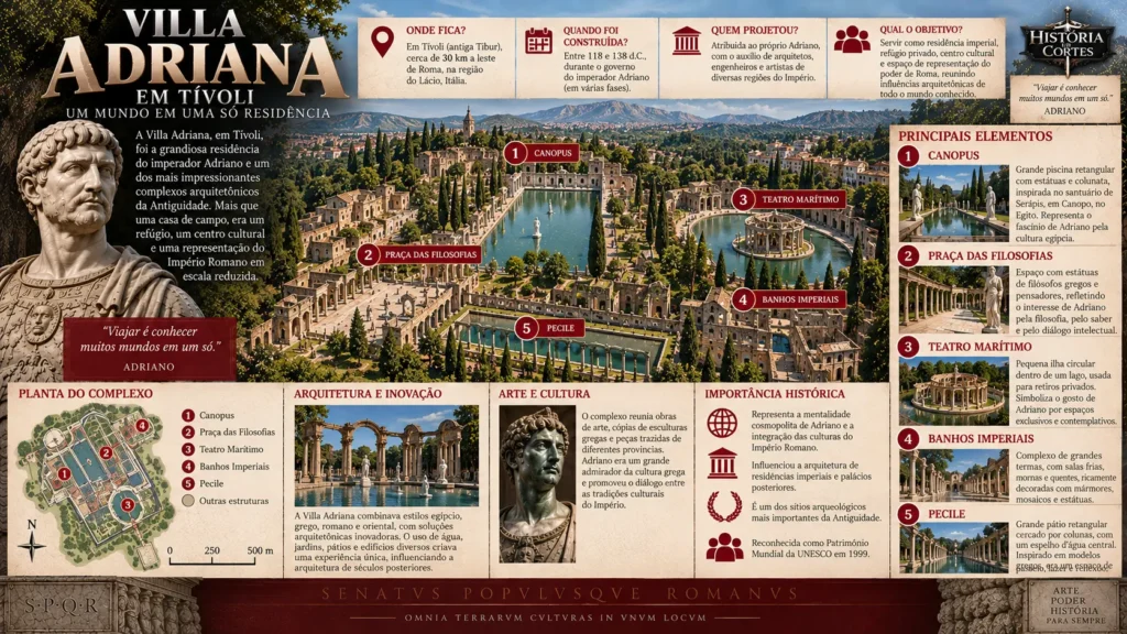 Infográfico da Villa Adriana em Tívoli mostrando Canopus, Praça das Filosofias, Teatro Marítimo, Banhos Imperiais, Pecile e a planta do complexo romano.