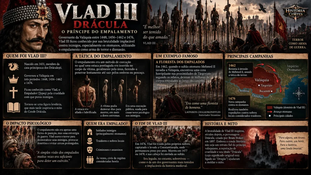Infográfico sobre Vlad III, o Empalador, mostrando o uso do empalamento como instrumento de execução, intimidação e guerra psicológica contra seus inimigos.