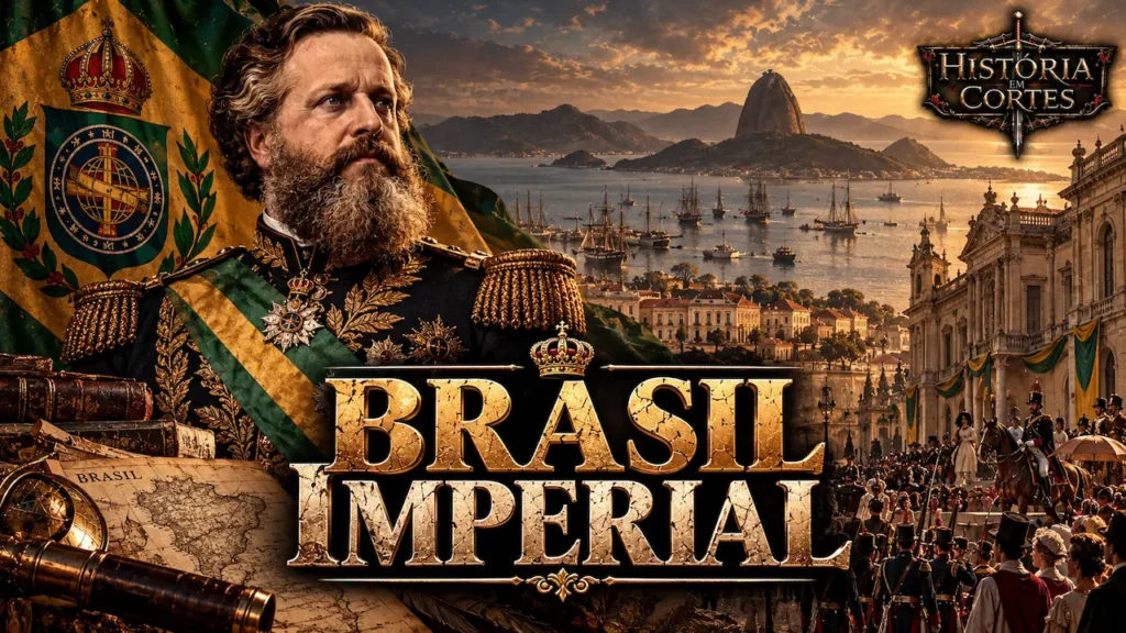 Dom Pedro II em uniforme imperial diante da Baía de Guanabara, com a bandeira do Império do Brasil e uma representação do Rio de Janeiro no século XIX.