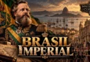 Dom Pedro II em uniforme imperial diante da Baía de Guanabara, com a bandeira do Império do Brasil e uma representação do Rio de Janeiro no século XIX.