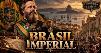 Dom Pedro II em uniforme imperial diante da Baía de Guanabara, com a bandeira do Império do Brasil e uma representação do Rio de Janeiro no século XIX.