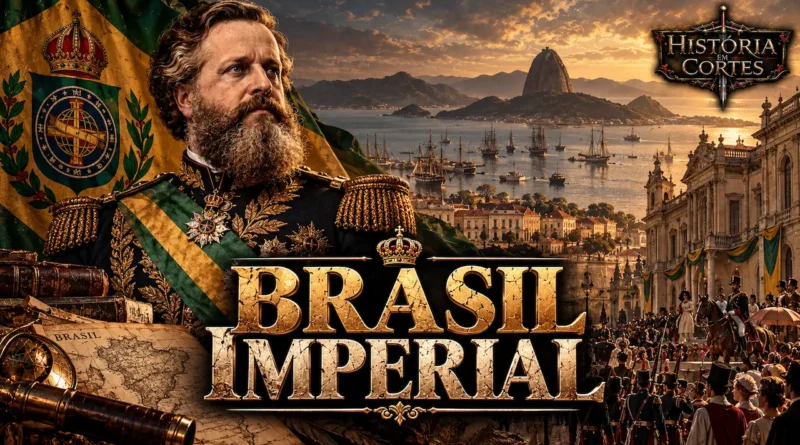 Dom Pedro II em uniforme imperial diante da Baía de Guanabara, com a bandeira do Império do Brasil e uma representação do Rio de Janeiro no século XIX.