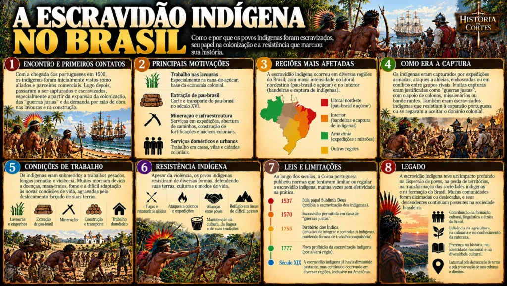 Infográfico sobre a escravidão indígena no Brasil colonial, mostrando as formas de captura, o trabalho forçado, a resistência dos povos indígenas e as leis coloniais.