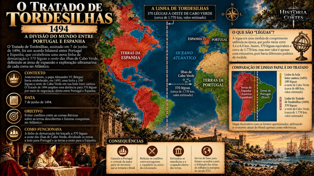 Infográfico do Tratado de Tordesilhas de 1494, com mapa da linha divisória a 370 léguas de Cabo Verde, territórios atribuídos a Portugal e Espanha e consequências do acordo.