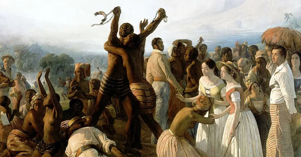 Pintura histórica representando a libertação de pessoas escravizadas, com homens negros erguendo correntes rompidas e mulheres brancas em uma cena alegórica da abolição da escravidão.