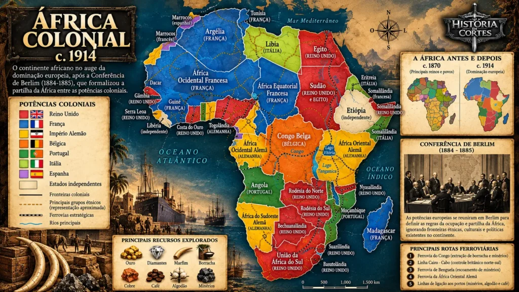 Mapa histórico da África Colonial em 1914, mostrando a divisão territorial entre Reino Unido, França, Alemanha, Bélgica, Portugal, Itália e Espanha, com destaque para Etiópia e Libéria independentes.