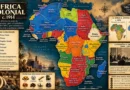 Mapa histórico da África Colonial em 1914, mostrando a divisão territorial entre Reino Unido, França, Alemanha, Bélgica, Portugal, Itália e Espanha, com destaque para Etiópia e Libéria independentes.
