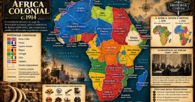 Mapa histórico da África Colonial em 1914, mostrando a divisão territorial entre Reino Unido, França, Alemanha, Bélgica, Portugal, Itália e Espanha, com destaque para Etiópia e Libéria independentes.