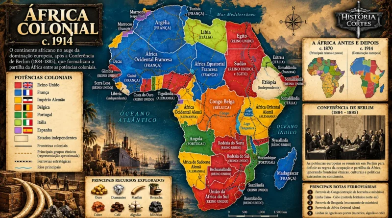 Mapa histórico da África Colonial em 1914, mostrando a divisão territorial entre Reino Unido, França, Alemanha, Bélgica, Portugal, Itália e Espanha, com destaque para Etiópia e Libéria independentes.