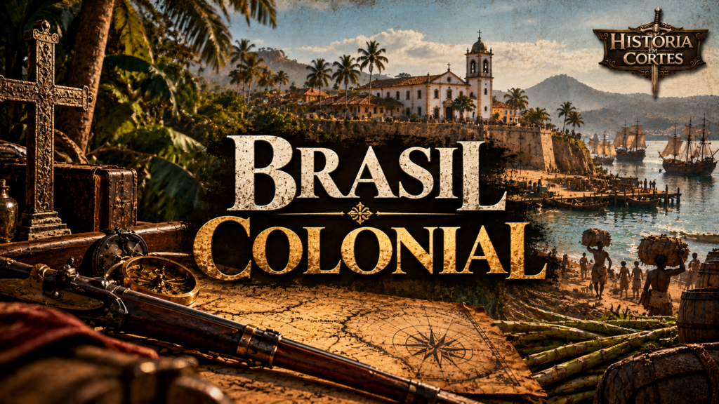 Ilustração do Brasil Colonial com igreja portuguesa, embarcações, trabalhadores, vegetação tropical e instrumentos de navegação, representando o período de 1500 a 1822.