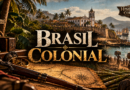Ilustração do Brasil Colonial com igreja portuguesa, embarcações, trabalhadores, vegetação tropical e instrumentos de navegação, representando o período de 1500 a 1822.