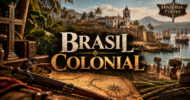 Ilustração do Brasil Colonial com igreja portuguesa, embarcações, trabalhadores, vegetação tropical e instrumentos de navegação, representando o período de 1500 a 1822.