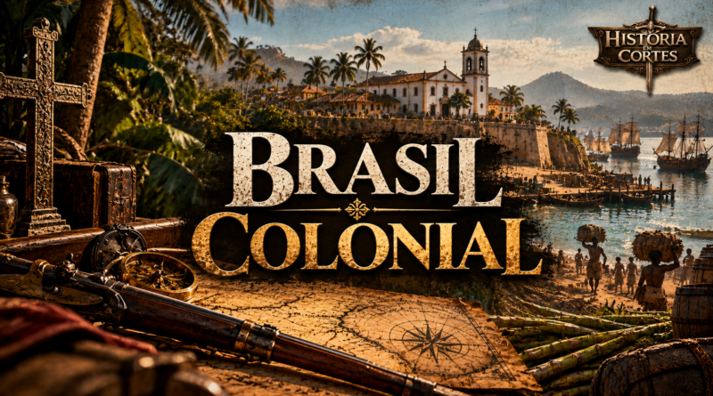 Ilustração do Brasil Colonial com igreja portuguesa, embarcações, trabalhadores, vegetação tropical e instrumentos de navegação, representando o período de 1500 a 1822.