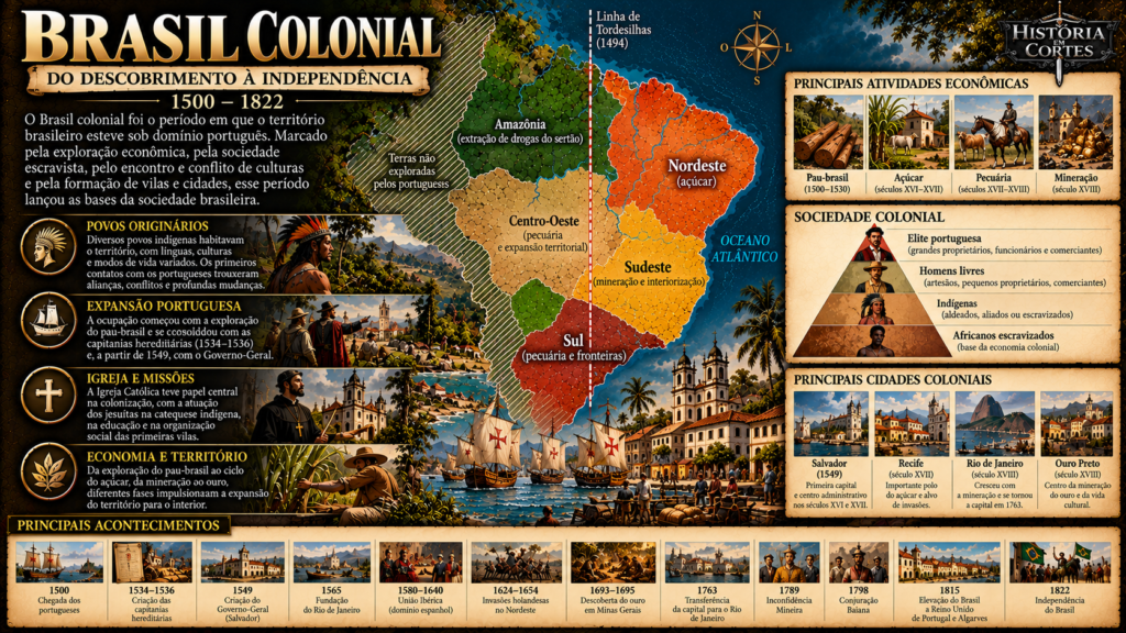 Infográfico do Brasil Colonial entre 1500 e 1822, com mapa das atividades econômicas, sociedade colonial, principais cidades e linha do tempo até a Independência.