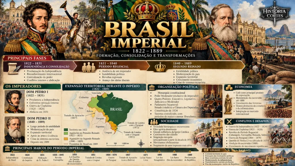 Infográfico sobre o Brasil Imperial de 1822 a 1889, com Dom Pedro I, Dom Pedro II, mapa territorial, Primeiro e Segundo Reinado, economia, política e principais acontecimentos históricos.
