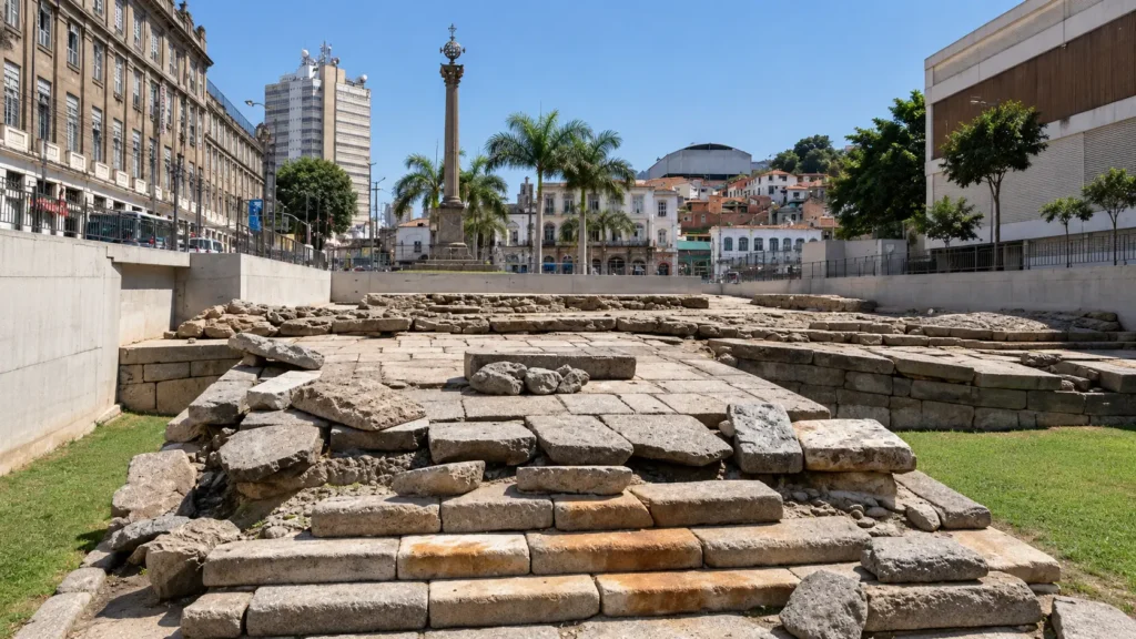 Reconstrução digital do Cais do Valongo, no Rio de Janeiro, mostrando os degraus e blocos de pedra do sítio arqueológico, com edifícios históricos ao fundo.