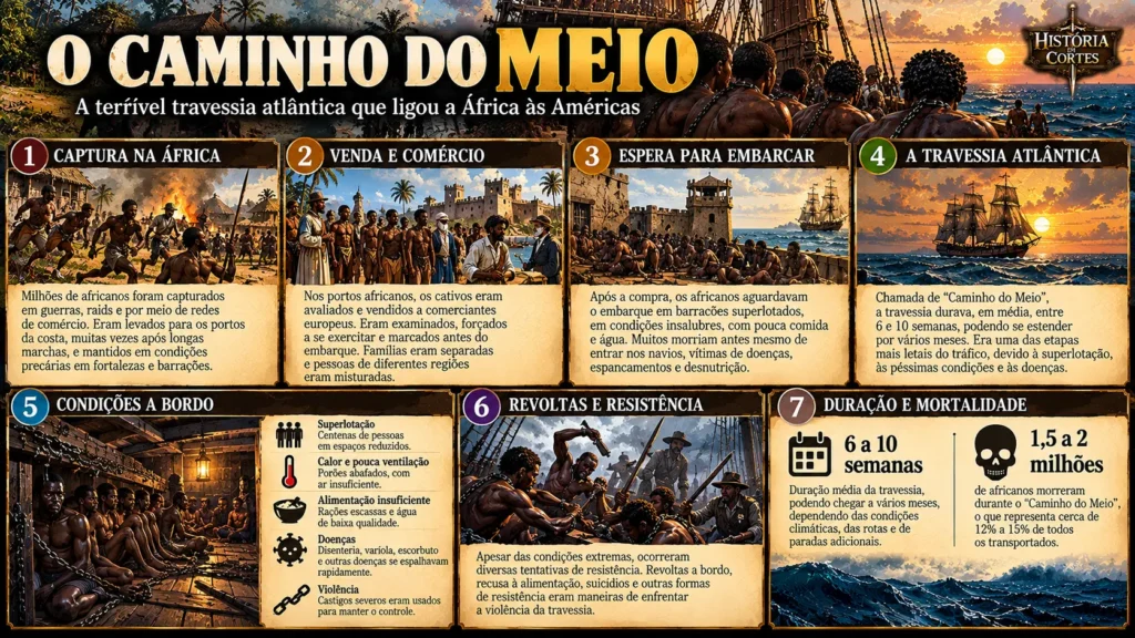 Infográfico sobre o Caminho do Meio, mostrando a captura, a venda, a espera pelo embarque, a travessia atlântica e as condições enfrentadas pelos africanos escravizados.