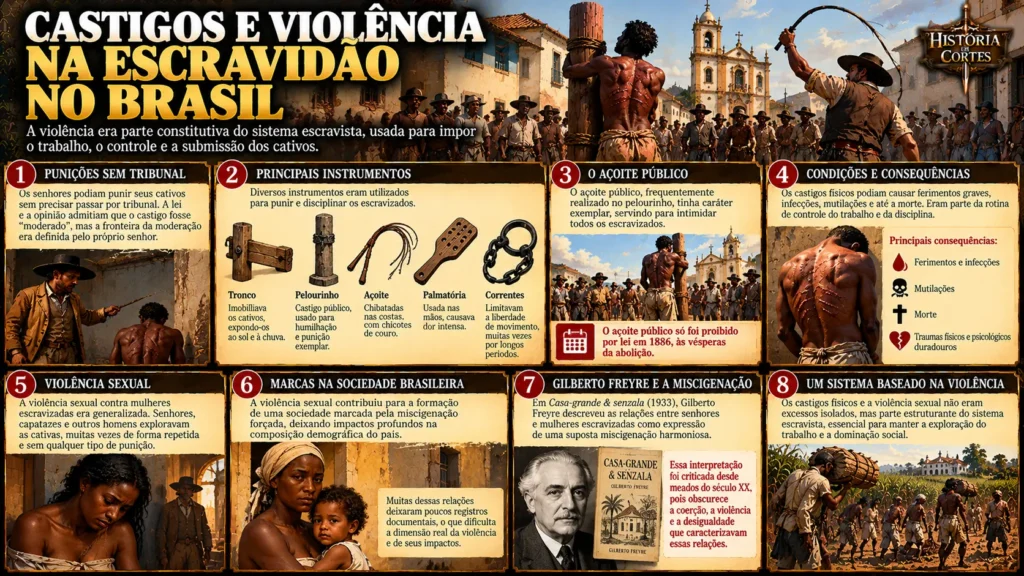 Infográfico sobre os castigos e a violência na escravidão no Brasil, mostrando instrumentos de punição, açoites, violência sexual e consequências do sistema escravista.