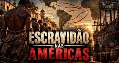 Ilustração histórica sobre a escravidão nas Américas, com africanos escravizados acorrentados, um navio negreiro e um mapa do Atlântico ao fundo.