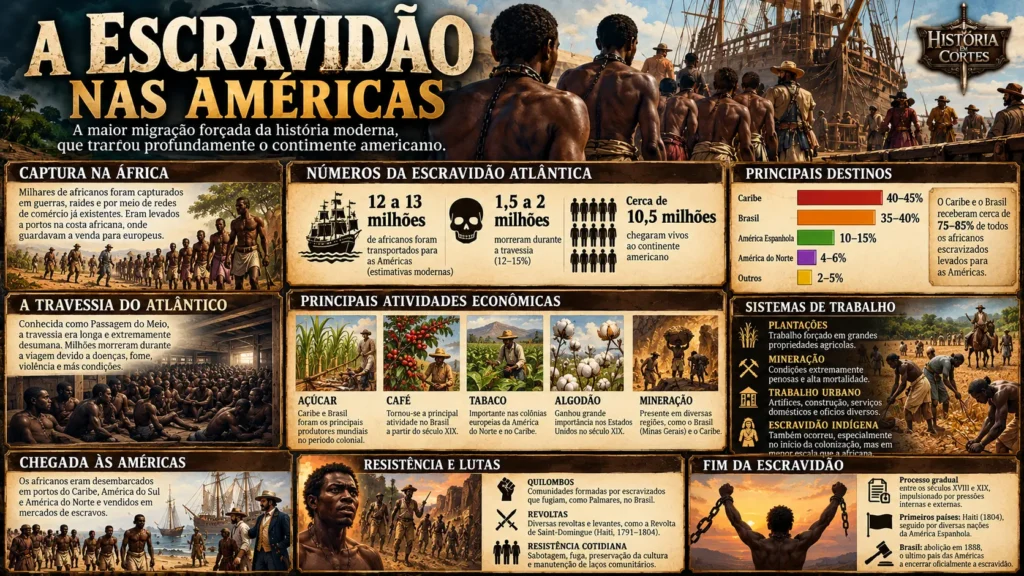 Infográfico sobre a escravidão nas Américas, apresentando o tráfico atlântico, o trabalho escravizado, a resistência e a abolição.