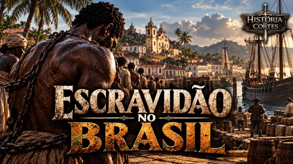 Ilustração histórica da escravidão no Brasil colonial, com africanos escravizados, correntes, arquitetura colonial e embarcações em um porto brasileiro.