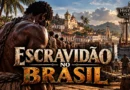 Ilustração histórica da escravidão no Brasil colonial, com africanos escravizados, correntes, arquitetura colonial e embarcações em um porto brasileiro.