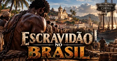 Ilustração histórica da escravidão no Brasil colonial, com africanos escravizados, correntes, arquitetura colonial e embarcações em um porto brasileiro.