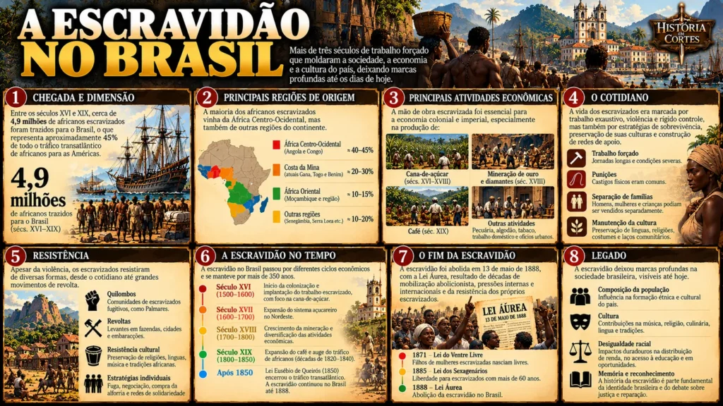 Infográfico sobre a escravidão no Brasil, abordando o tráfico de africanos escravizados, o trabalho forçado, a resistência, a abolição em 1888 e seus impactos históricos.