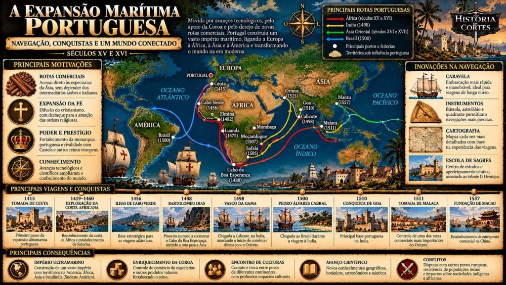 Mapa da expansão marítima portuguesa nos séculos XV e XVI, mostrando as rotas das Grandes Navegações para África, Índia, Brasil e Ásia, com datas e principais conquistas.
