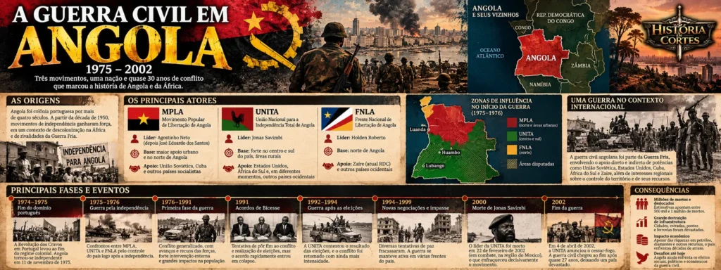 Infográfico sobre a Guerra Civil em Angola (1975–2002), apresentando as disputas entre MPLA, UNITA e FNLA, a participação de potências estrangeiras, os principais acontecimentos e as consequências do conflito.