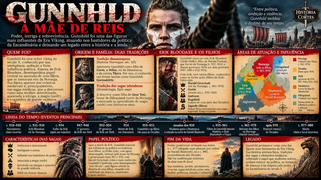 Infográfico sobre Gunnhild, esposa de Erik Bloodaxe e mãe de Harald Greycloak, mostrando sua origem controversa, influência política, família e trajetória na Era Viking.