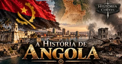 Capa sobre a História de Angola com a bandeira nacional, mapa do país, paisagem de Luanda e representação da Guerra Civil Angolana.