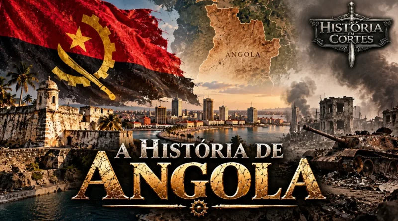 Capa sobre a História de Angola com a bandeira nacional, mapa do país, paisagem de Luanda e representação da Guerra Civil Angolana.