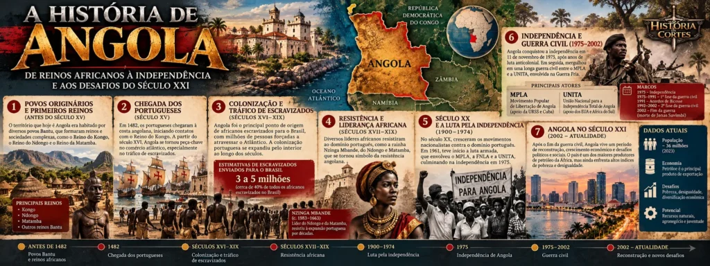 Infográfico sobre a História de Angola, desde os reinos africanos e a chegada dos portugueses em 1482 até a colonização, a resistência de Njinga Mbande, a independência em 1975, a guerra civil e a reconstrução do país.