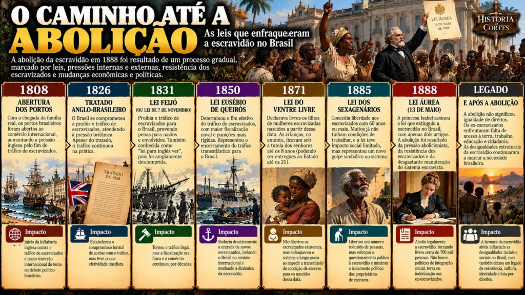 Infográfico com linha do tempo das leis abolicionistas no Brasil, destacando a Lei Feijó de 1831, a Lei Eusébio de Queirós de 1850, a Lei do Ventre Livre de 1871, a Lei dos Sexagenários de 1885 e a Lei Áurea de 1888.