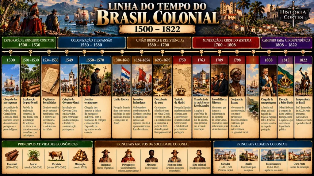Linha do tempo ilustrada do Brasil Colonial de 1500 a 1822, com chegada dos portugueses, capitanias hereditárias, Governo-Geral, União Ibérica, ciclo do ouro e Independência.