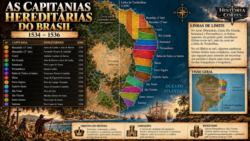 Mapa das capitanias hereditárias do Brasil entre 1534 e 1536, com divisão territorial reconstruída, linha de Tordesilhas, nomes das capitanias e comparação com o mapa clássico.